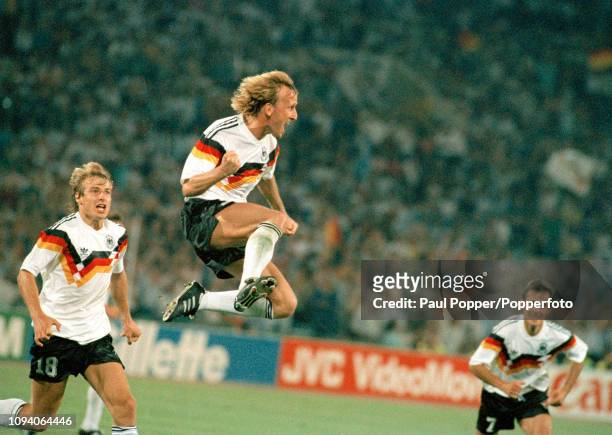 Andreas Brehme of West Germany celebrates after scoring the winning goal with a penalty kick during the 1990 FIFA World Cup Final between West...