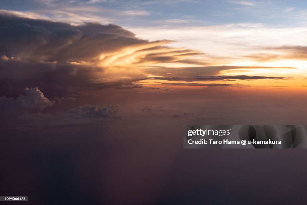 Sunset sky on South Sumatra in Indonesia aerial view from airplane