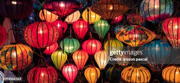 paper lanterns illuminated in night for chinese new year . background . - lantern festival stock pictures, royalty-free photos & images