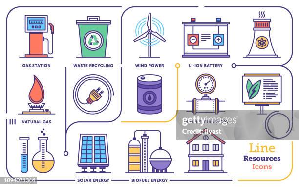 erneuerbare energie management vektor flache linie icon-set - solar system stock-grafiken, -clipart, -cartoons und -symbole