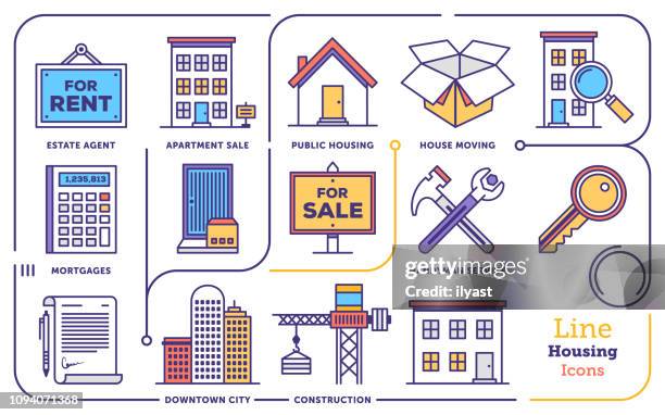 ilustraciones, imágenes clip art, dibujos animados e iconos de stock de conjunto de iconos de línea plana de vector agente de bienes raíces - problemas de vivienda