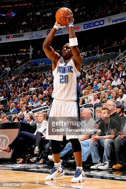 Mickael Pietrus of the Orlando Magic shoots the ball against the Cleveland Cavaliers on November 26, 2010 at the Amway Center in Orlando, Florida....