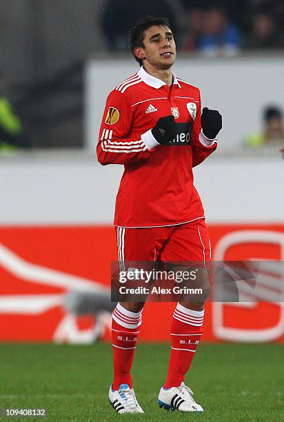 Eduardo Salvio of Benfica celebrates his team's first goal during the UEFA Europa League match round of 32 second leg between VfB Stuttgart and...