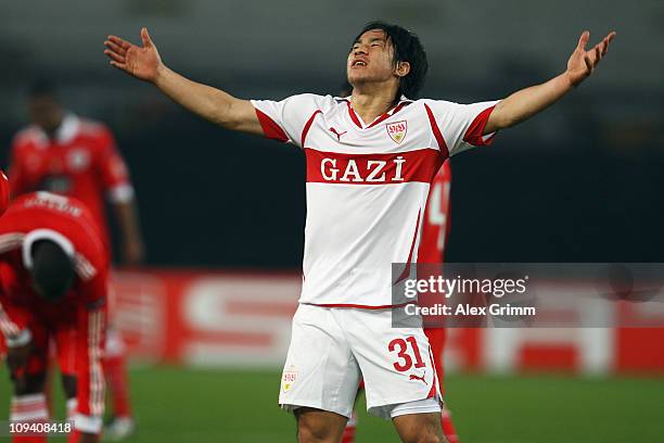 Shinji Okazaki of Stuttgart reacts during the UEFA Europa League match round of 32 second leg between VfB Stuttgart and Benfica at Mercedes-Benz...