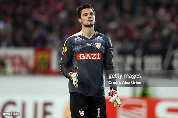 Goalkeeper Sven Ulreich of Stuttgart reacts during the UEFA Europa League match round of 32 second leg between VfB Stuttgart and Benfica at...