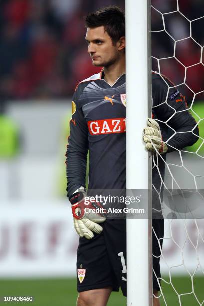 Goalkeeper Sven Ulreich of Stuttgart reacts during the UEFA Europa League match round of 32 second leg between VfB Stuttgart and Benfica at...