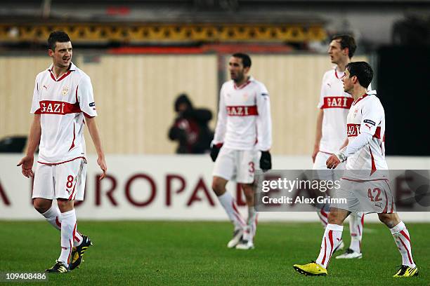 Zdravko Kuzmanovic, Cristian Molinaro, Georg Niedermeier and Tamas Hajnal of Stuttgart react during the UEFA Europa League match round of 32 second...