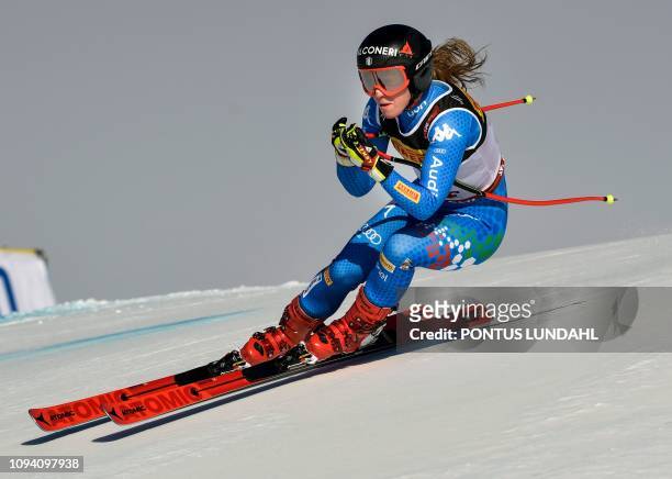 Italys Sofia Goggia competes to place second during the women's Super G event of the 2019 FIS Alpine Ski World Championships at the National Arena in...