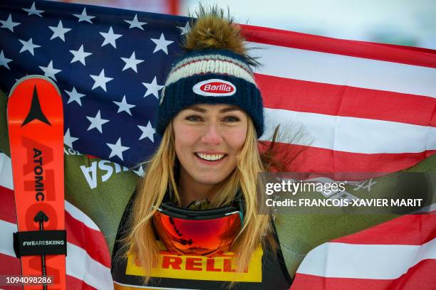 The US' winner Mikaela Shiffrin celebrates during a flowers ceremony after the women's Super G event of the 2019 FIS Alpine Ski World Championships...