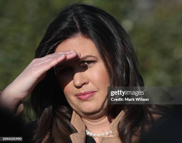 White House Press Secretary Sarah Sanders speaks to the media after appearing on a morning television show, on February 5, 2019 in Washington, DC....