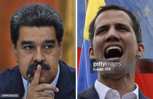 This combination of pictures created on February 5, 2019 shows Venezuelan President Nicolas Maduro gesturing during a press conference at Miraflores...