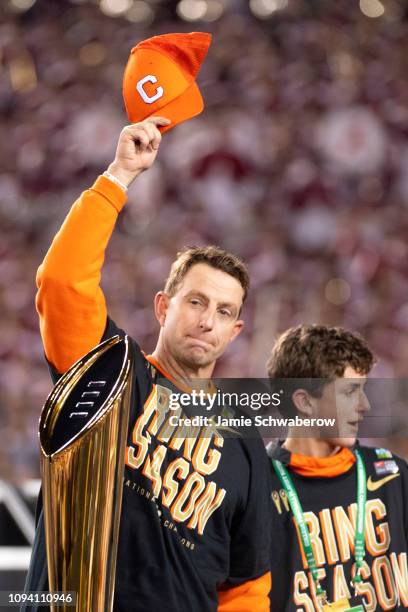 Head Coach Dabo Swinney of the Clemson Tigers celebrates with his team at the conclusion of the College Football Playoff National Championship held...