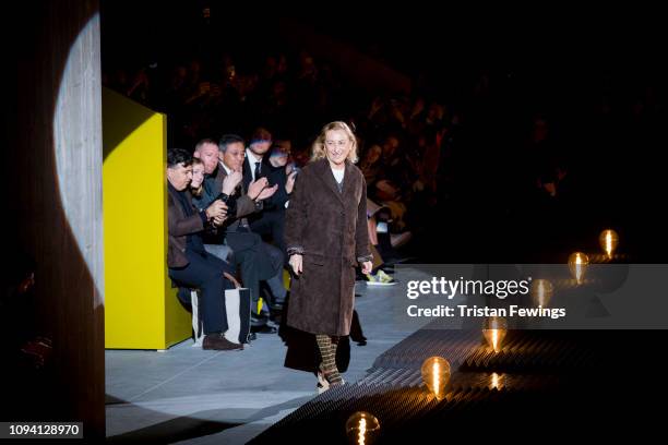 Designer Miuccia Prada at the Prada show during Milan Menswear Fashion Week Autumn/Winter 2019/20 on January 13, 2019 in Milan, Italy.