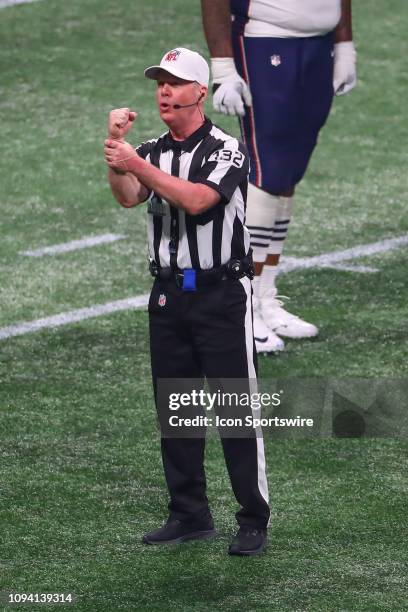 Referee John Parry makes a hulding call duringSuper Bowl LIII between the Los Angeles Rams and the New England Patriots on February 3, 2019 at...