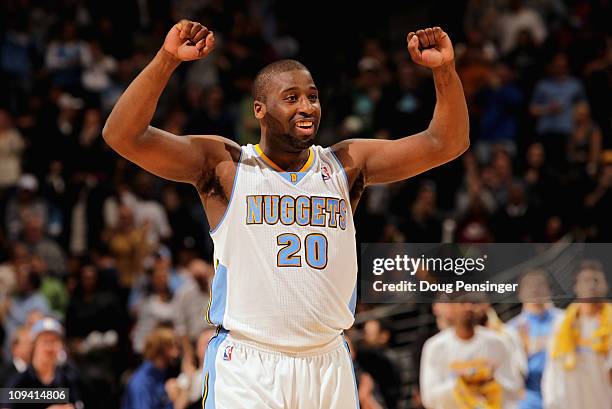 Raymond Felton of the Denver Nuggets reacts in the fourth quarter against the Boston Celtics during NBA action at the Pepsi Center on February 24,...