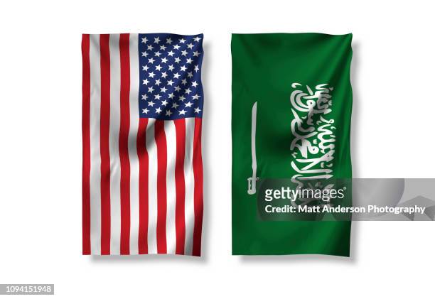 saudi arabia flag us flag on white - mid atlantic bundesstaaten der usa stock-fotos und bilder