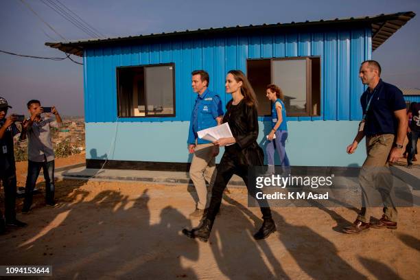 Angelina Jolie US actress and humanitarian a special ambassador for the United Nations High Commissioner for Refugees walking to meet the press...