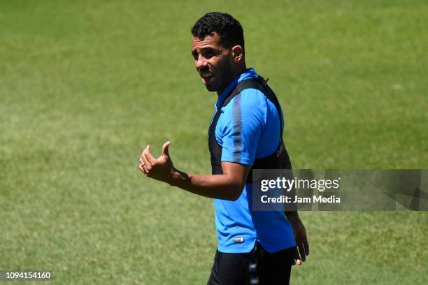 Carlos Tevez of Boca Juniors gestures during a training session at Complejo Pedro Pompilio on February 5, 2019 in Buenos Aires, Argentina.