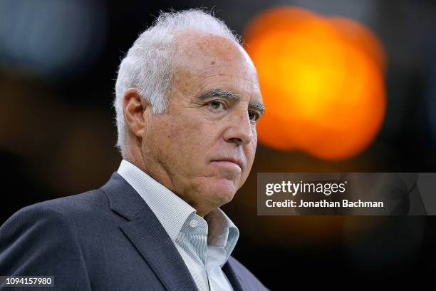 Jeffrey Lurie owner of the Philadelphia Eagles reacts before the NFC Divisional Playoff against the New Orleans Saints at the Mercedes Benz Superdome...