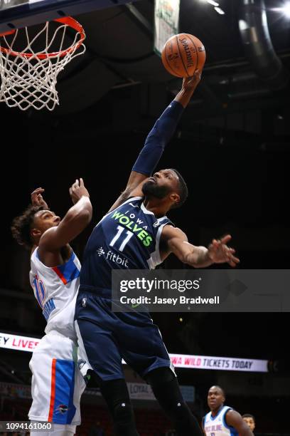 Hakim Warrick of the Iowa Wolves goes up for a dunk against Donte Grantham of the Oklahoma City Blue in an NBA G-League game on February 5, 2019 at...