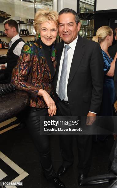 Dame Fiona Shackleton and Jesus Adorno attend the launch of John Swannell's photography exhibition at Le Caprice on February 5, 2019 in London,...