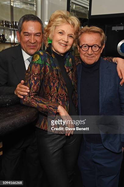 Jesus Adorno, Dame Fiona Shackleton and John Swannell attend the launch of John Swannell's photography exhibition at Le Caprice on February 5, 2019...