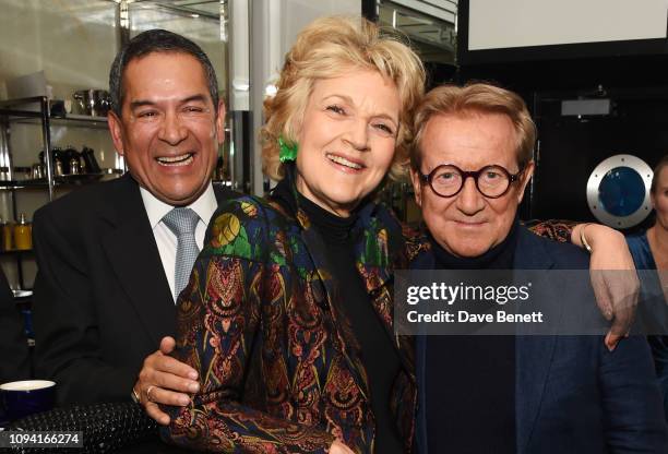 Jesus Adorno, Dame Fiona Shackleton and John Swannell attend the launch of John Swannell's photography exhibition at Le Caprice on February 5, 2019...