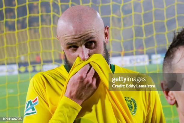 Nicolas Pallois of Nantes cries during the song in tribute to Emiliano Sala after the French Cup match between Nantes and Toulouse at Stade de la...