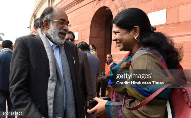 Minister of State for Culture and Tourism Alphons Joseph Kannanthanam with DMK MP Muthuvel Karunanidhi Kanimozhi seen during the Budget Session at...
