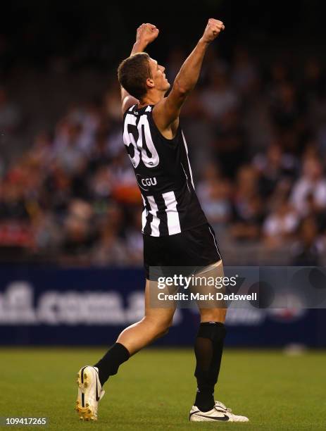 Shae McNamara of the Magpies celebrates a goal during the NAB Cup Quarter Final match between the Collingwood Magpies and the Sydney Swans at Etihad...