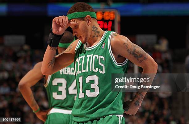 Delonte West of the Boston Celtics reacts against the Denver Nuggets during NBA action at the Pepsi Center on February 24, 2011 in Denver, Colorado....