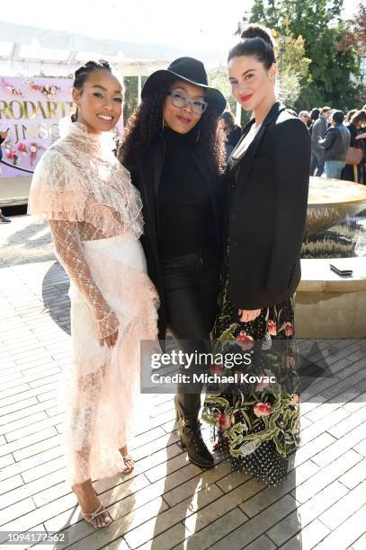 Melanie Liburd, Angela Bassett and Shailene Woodley attend JNSQ Rose Cru debuts alongside Rodarte FW/19 Runway Show at Huntington Library on February...