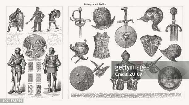 historical armor and weapons, antiquity-16th century, wood engravings, published 1897 - ancient roman armor stock illustrations
