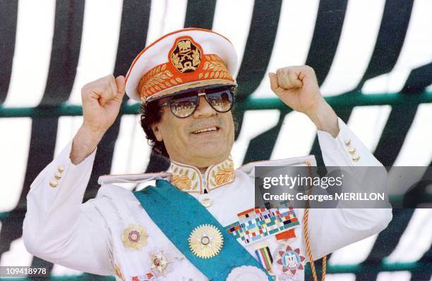 Muammar Gaddafi a the military parade for the 30th anniversary of the Revolution in 1999