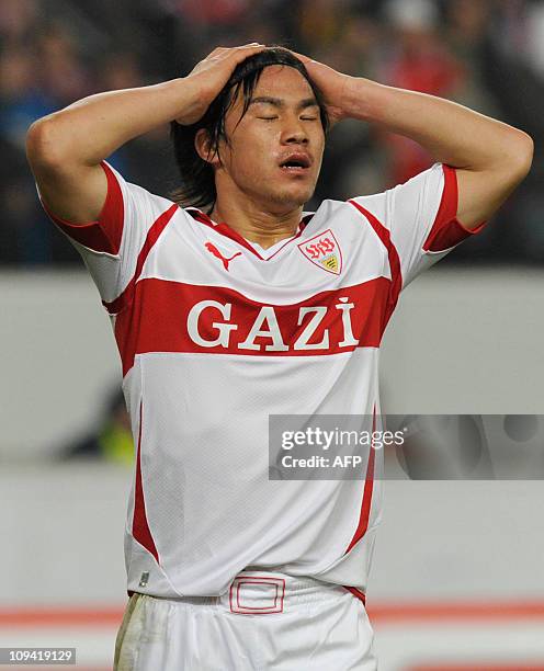 Stuttgart's Japanes forward Shinji Okazaki reacts during the UEFA Europa League, round of 32, football match VfB Stuttgart vs Benfica, in Stuttgart,...