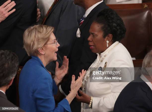 Sen. Elizabeth Warren greets Sheila Jackson Lee ahead of the State of the Union address in the chamber of the U.S. House of Representatives on...