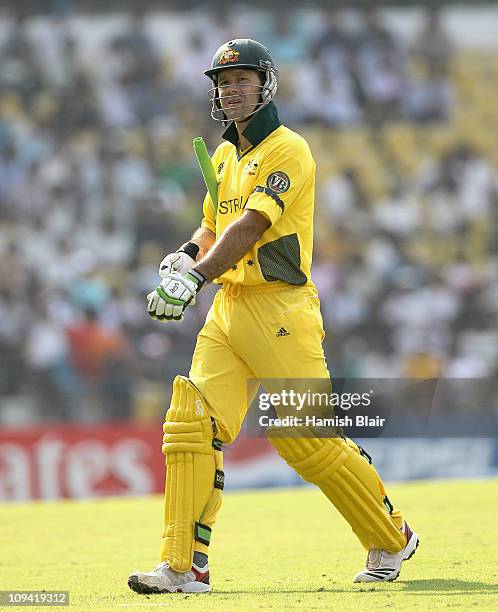 Ricky Ponting of Australia leaves the field after being dismissed during the 2011 ICC World Cup Group A match between Australia and New Zealand at...