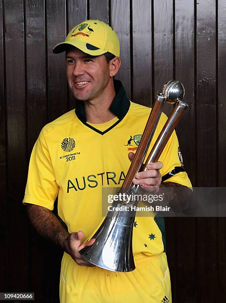 Ricky Ponting of Australia after winning the Chappell-Hadlee Trophy after the 2011 ICC World Cup Group A match between Australia and New Zealand at...