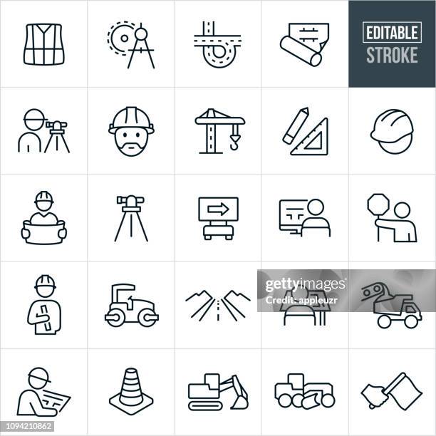 ilustrações de stock, clip art, desenhos animados e ícones de road construction line icons - editable stroke - guindaste maquinaria de construção