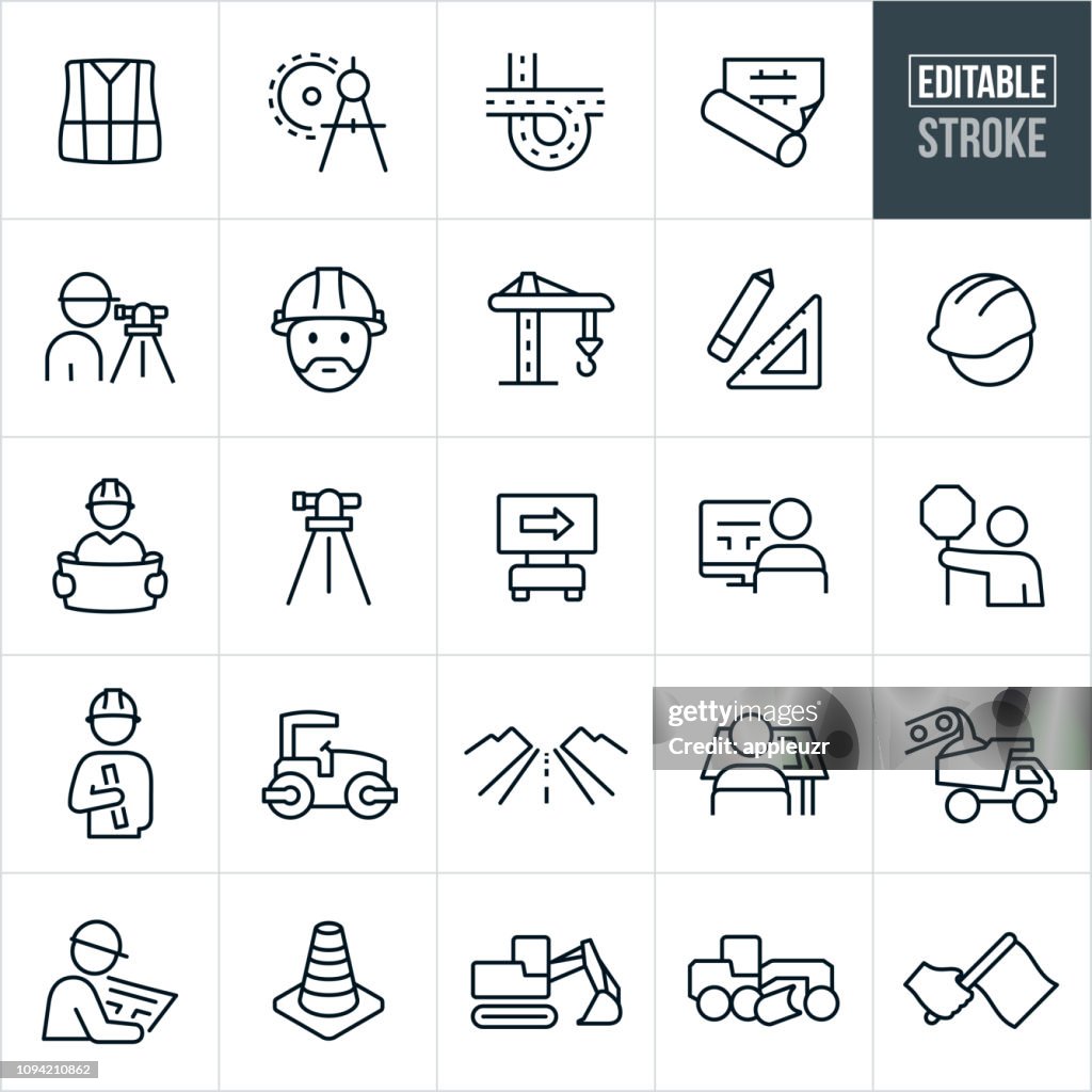 Road Construction Line Icons - Editable Stroke