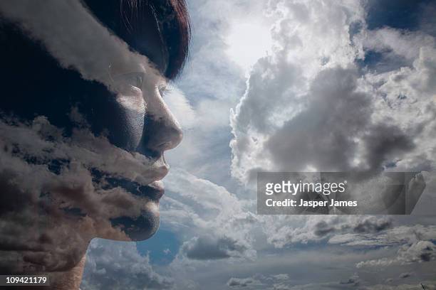double exposure of girls face and sky - newbusiness stock pictures, royalty-free photos & images