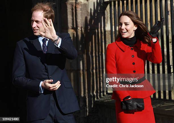 Prince William and Kate Middleton wave as they visit the University of St Andrews on February 25, 2011 in St Andrews, Scotland. The couple returned...