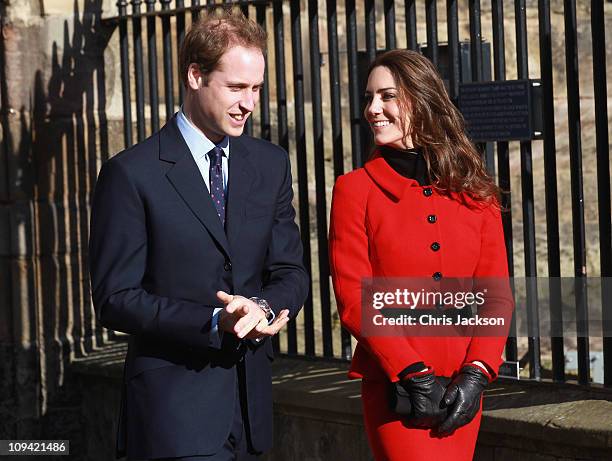 Prince William and Kate Middleton smile as they visit the University of St Andrews on February 25, 2011 in St Andrews, Scotland. The couple returned...