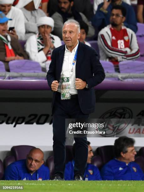 United Arab Emirates head coach Alberto Zaccheroni of Italy looks on during the AFC Asian Cup Group A match between the United Arab Emirates and...