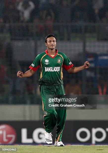 Bangladesh captain Shakib Al Hasan celebrates the dismissal of William Porterfield of Ireland during the 2011 ICC World Cup Group B match between...