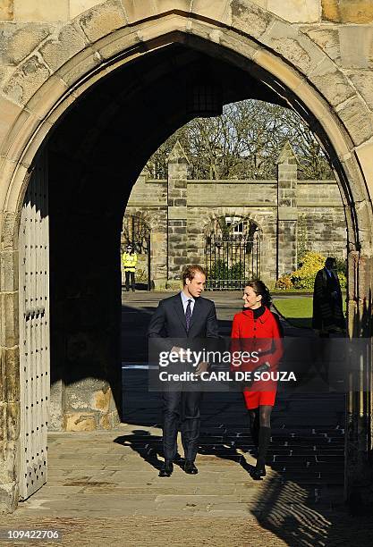 Britain's Prince William and his fiancee Kate Middleton, are pictured during a visit to the University of St Andrews in Scotland, on February 25,...
