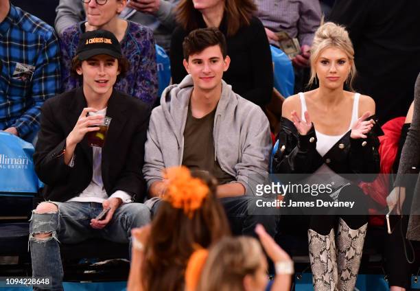 Timothee Chalamet, guest and Charlotte McKinney attend Detroit Pistons v New York Knicks game at Madison Square Garden on February 5, 2019 in New...