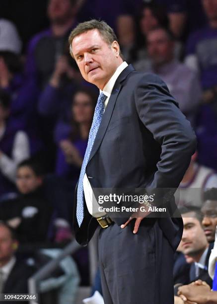 Head coach Bill Self of the Kansas Jayhawks reacts after a play during the second half against the Kansas State Wildcats on February 5, 2019 at...