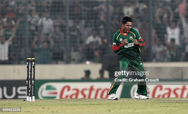 Mohammad Ashraful of Bangladesh celebrates his dismissal of Andrew White of Ireland during the 2011 ICC World Cup Group B match between Bangladesh...