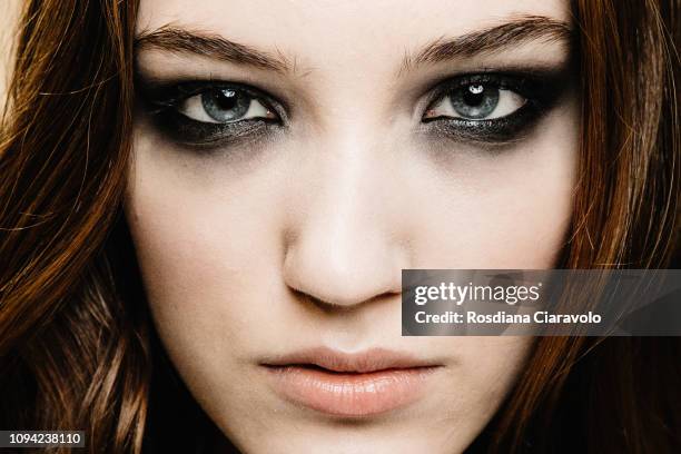 Model, make up detail, is seen backstage ahead of the Isabel Benenato show during Milan Menswear Fashion Week Autumn/Winter 2019/20 on January 14,...